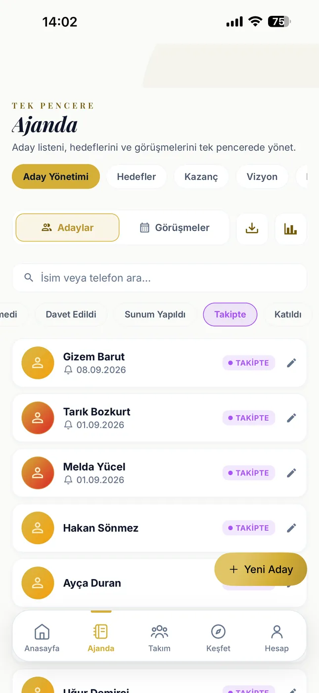 Prospect list with the Following Up filter on: only the names being followed up are shown.